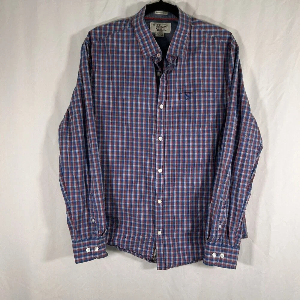 Penguin Munsingwear Shirt Men's XL Red Blue Plaid Long Sleeve Heritage Slim Fit